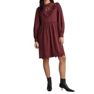 Madewell Mini Dress Flannel Burgundy Embroidered Eyelet Ruffle Trim Size Medium